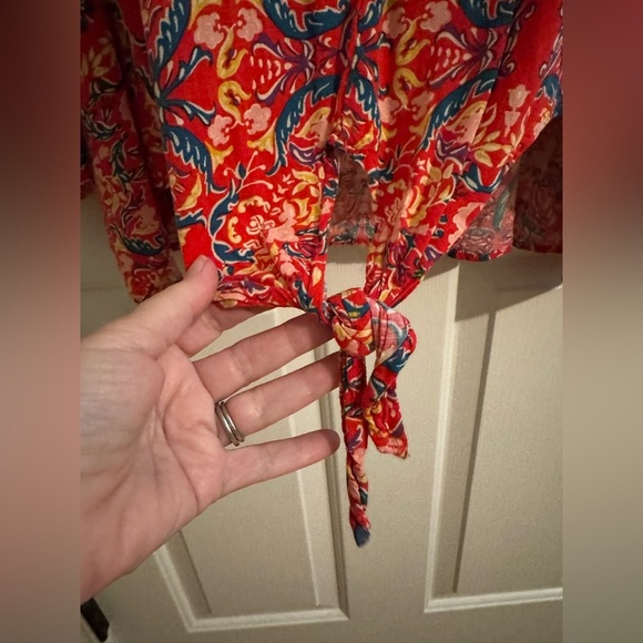 Torrid Plus Boho Slub Tie Front Bell Sleeve Blouse Red Pink Size 5X 28 - Picture 7 of 10